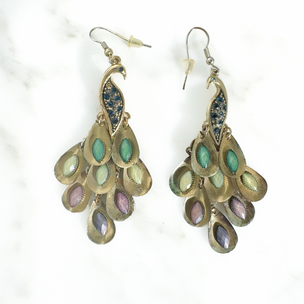 Peacock Chandelier Earrings Multicolored Enamel For Pearced Ears Y2K